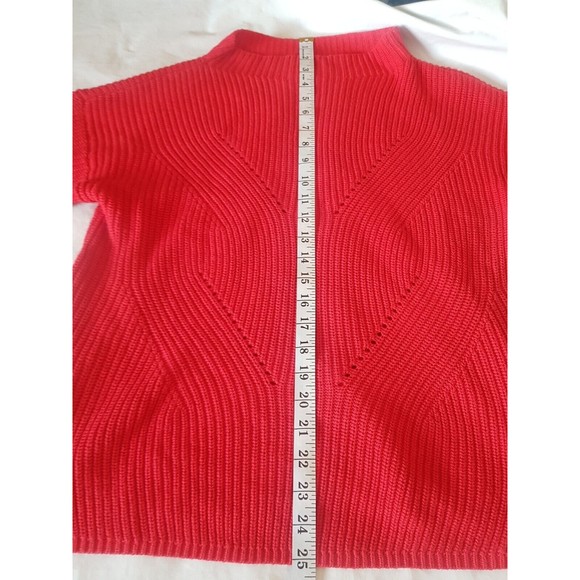 Loft Red Sweater Ribbed High Neckline Mock Chunky Knit Bell Sleeve Size Medium - Picture 10 of 12
